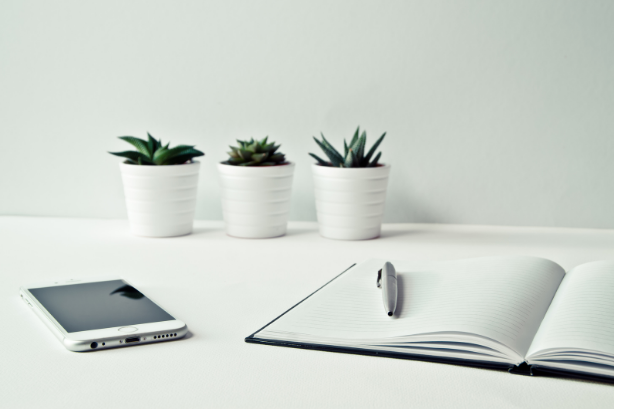 A picture of a desk with a book, pen and plants